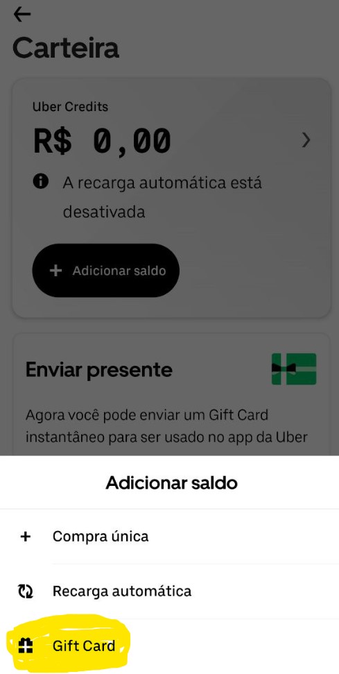 como ativar o cartão presente do uber passo 3